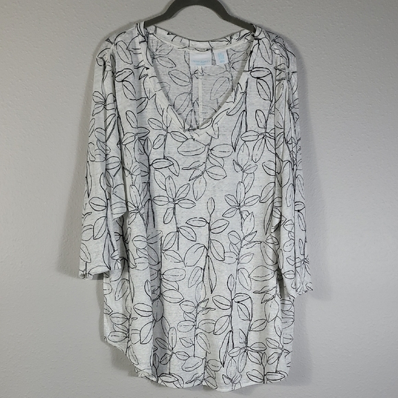 Cynthia Rowley 100% Linen Tunic Top Size 2X 3/4 Sleeve V Neck Leaf Floral Women - Picture 1 of 12